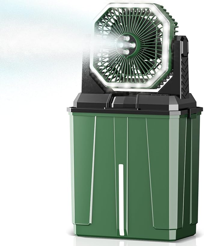 Portable Misting Fan, Rechargeable Outdoor Cooler, Battery Operated Personal Fan with3 Speeds & 8L Bucket for Patio, Camping,Hiking, Backyard, Travel, Desk,Pool, Beach, Green