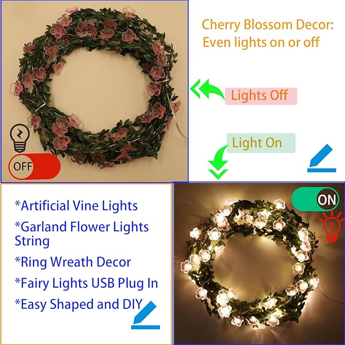 Decorative Fairy Vine Flower String Lights With Leaf, USB Plug In 16.5ft 50 LED Pink Cherry Blossom Garland Spring Decorations for Bedroom Wall Wedding Birthday Christmas Hanging Decor (Warm White)