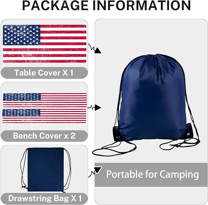 CAPSCEOLL 4Th of July Fitted Picnic Table Cover with Bench Covers 8Ft Waterproof Camping Tablecloth Outdoor Table Protector with Drawstring Bag for Camping Essentials, 96X30In, American Flag