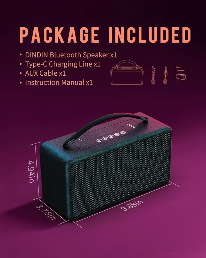 DINDIN Portable Bluetooth Speaker: 80W (Peak), 20H Playtime, Loud Wireless Wood Speakers with Bass, AUX and USB Input, Subwoofer, TWS Pairing, Vintage Speaker for Outdoor, Home, Office (Black)