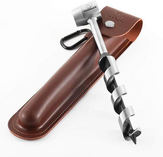 Kosibate Bushcraft Gear, Hand Auger Wrench for Easy Wood Drilling - Settlers Wrench and Bushcraft Tools Perfect for Camping and Woodworking Tasks-Scotch Eye Wood Drill with Leather Case Brown.