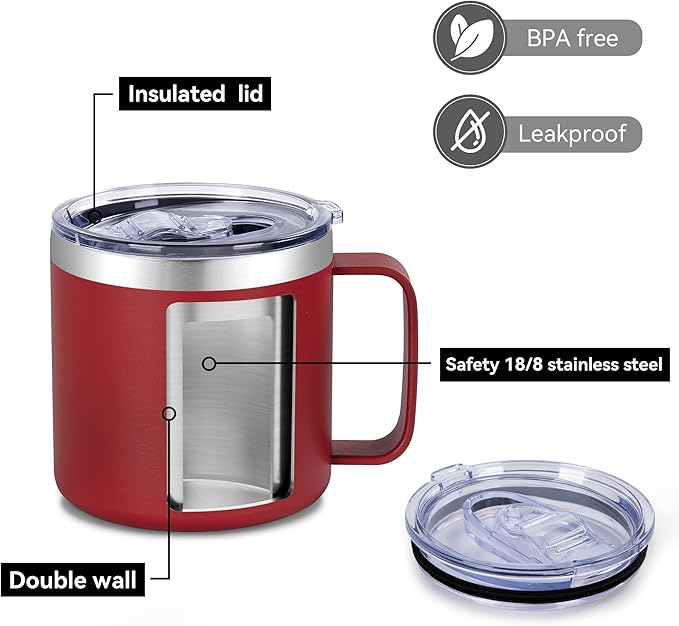 VEGOND 14 oz Insulated Coffee Mug Bulk with Handle, Stainless Steel Travel Coffee Mug with Lid, Double Wall Vacuum Metal Coffee Cup, Coffee Tumbler Powder Coated, Red 8 Pack