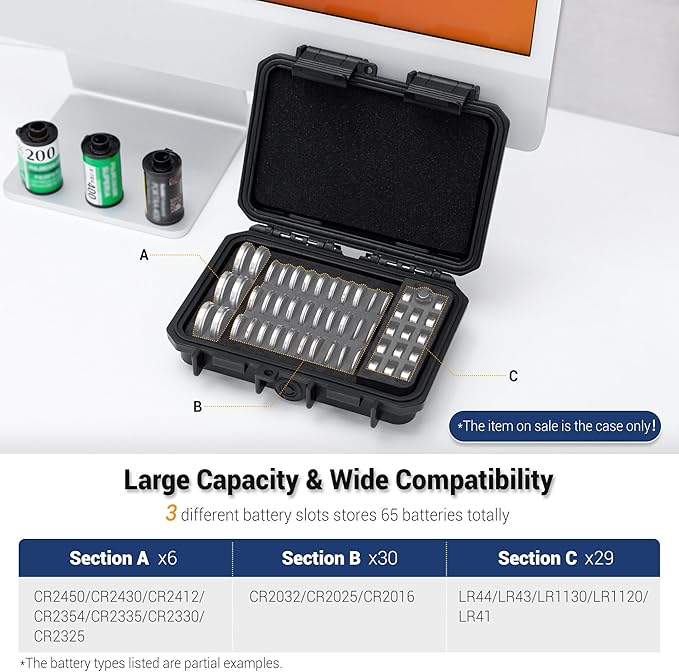 KIWIFOTOS 65 Slots Coin Cell Battery Case for CR2032 CR2016 CR2025 LR44 CR2320 CR2325 CR2330 CR2354 CR2430 CR2450 & LR41 AG13 Button Battery Holder Organizer IP67 Waterproof