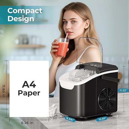 Ice Makers Countertop, 8pcs/ 6mins with 2 Sizes, Self-Cleaning, 26.5Lbs/Day Quiet Portable Mini Ice Machine with Basket/Scoop, Energy Saving for Home/Office/Kitchen/RV, Black