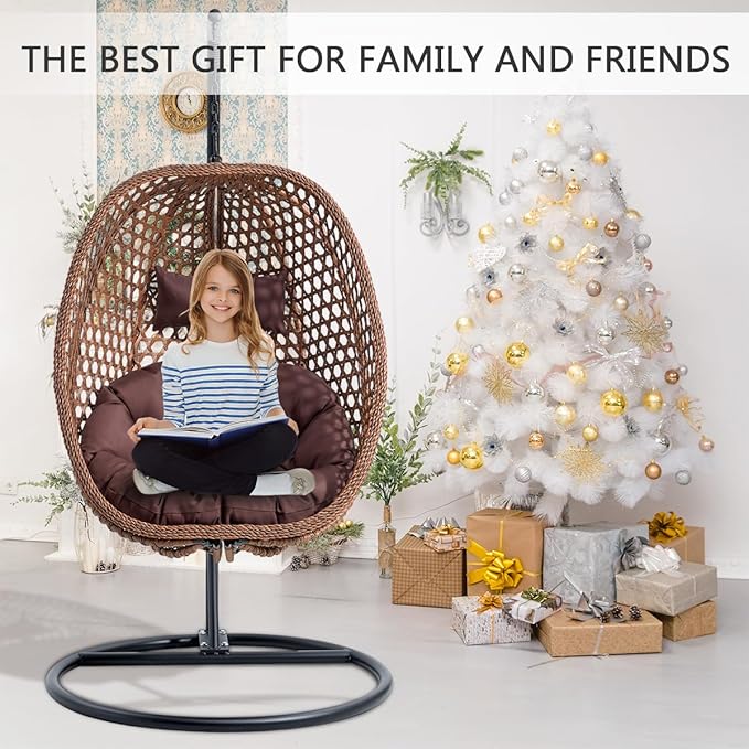JUFU Egg Swing Chair with Stand,Hanging Egg Chair Indoor Outdoor,Hammock Hanging Basket Chair with Aluminum Steel Frame，Patio Egg Chair with Removable Cushions for Patio Balcony Backyard,Bedrooms