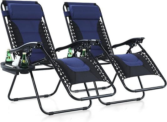 MFSTUDIO Padded Zero Gravity Recliner Chair Set of 2, Folding Patio Lounge Chairs with Adjustable Pillows & Cup Holder for Poolside Backyard, Support 350lbs(Blue)