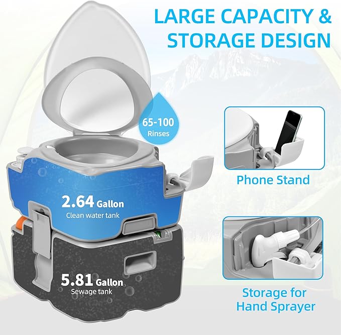 YITAHOME Portable Toilet Camping Porta Potty 5.8 Gallon with Diagonal Bowl, Hand Sprayer, Level Indicator, Rotating Spout, Carry Bag, Toilet for Adults, Outdoors, RV, Boat and Trips