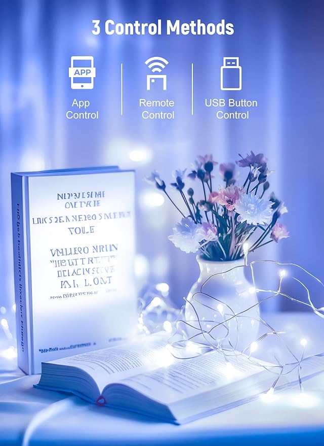 Smart USB Fairy Lights Plug in, 33Feet 100LEDs Bluetooth Twinkle Lights with Timer and Remote, App Control Starry String Lights for Wreath Wedding Party Indoor Christmas Decoration, Pure White