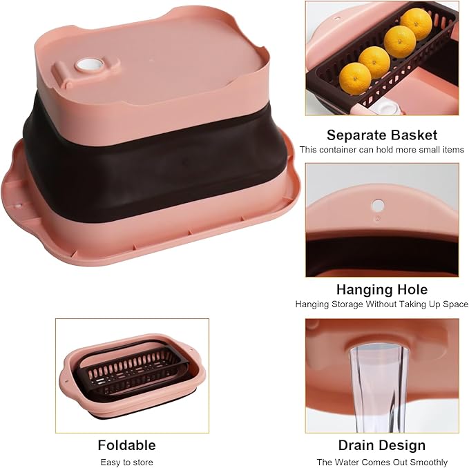 2.77 Gallon (10.5L) Collapsible Dish Basin with Drain Plug, Pink Camping Dish Basin for RV, Space-Saving Foldable Washing Bin, BPA-Free Portable Sink for Vegetables and Dishes - with Brush