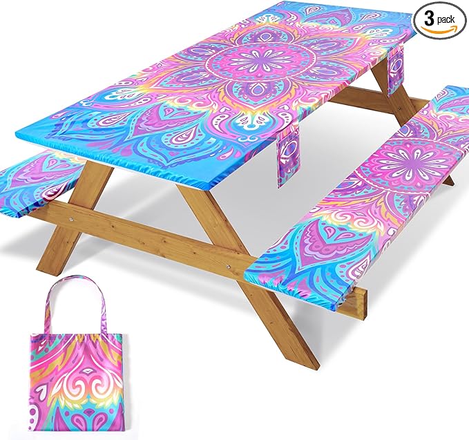 3 Piece 96x30Inch Picnic Table Cover with Bench Covers Fitted Elastic Weather Proof Camping Table Clothes Camp Motorhome Tools Gardening Rv Items Outside Road Trips Must Haves Gift for Adults