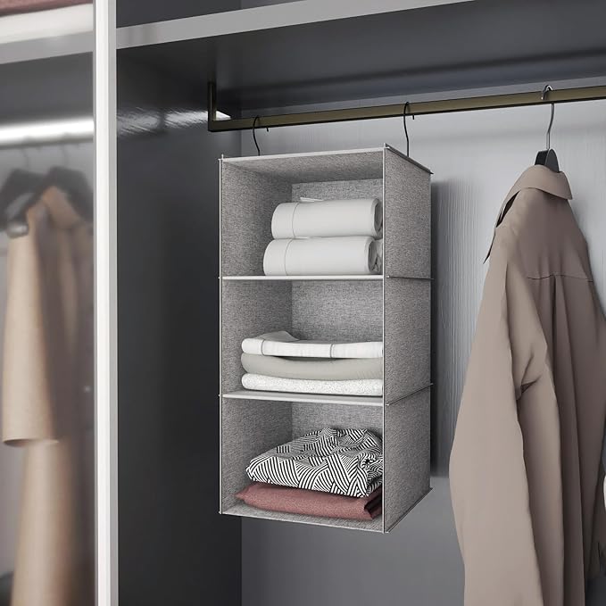 Hanging Closet Organizer, Easy Mount Collapsible 3-Shelf Camper Closet Wardrobe Hanging Storage Shelves, Folded Clothes Towels Handbag Shoes Accessories Storage, Linen Cloth, Gray