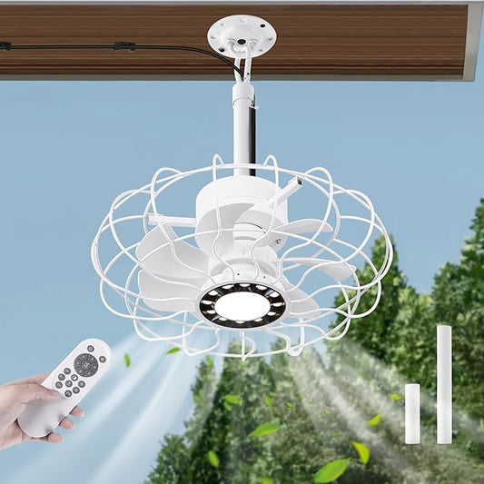 Outdoor Ceiling Fans with Lights, 15''White Hanging Gazebo Fan,3-Color LED Light, Adjustable Height, 6 speeds, Waterproof Plug in Caged Lighting for Patios, Pergola
