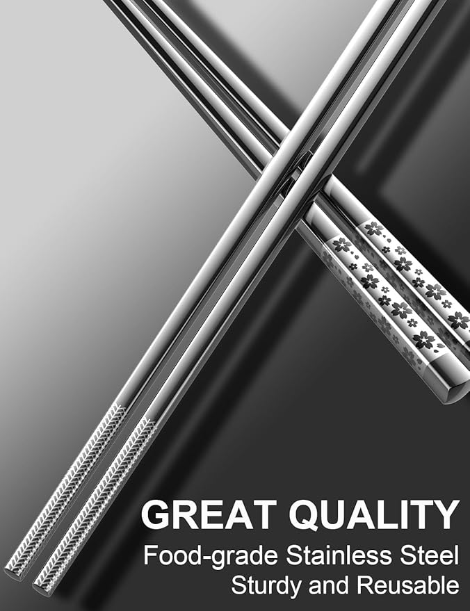 5 Pairs Metal Chopsticks Reusable 18/8 stainless steel Chopsticks Japanese Style Dishwasher Safe Lightweight Non-Slip Chop Sticks 9 1/4 Inches Present Set