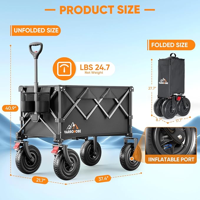 Big Rubber Wheels Beach Wagon Cart Foldable, 9x3 All-Terrain Wheels, Heavy Duty Collapsible Utility Wagon with 330lbs Capacity, Compact Storage, Easy Transport for Sand Camping Sports, Black