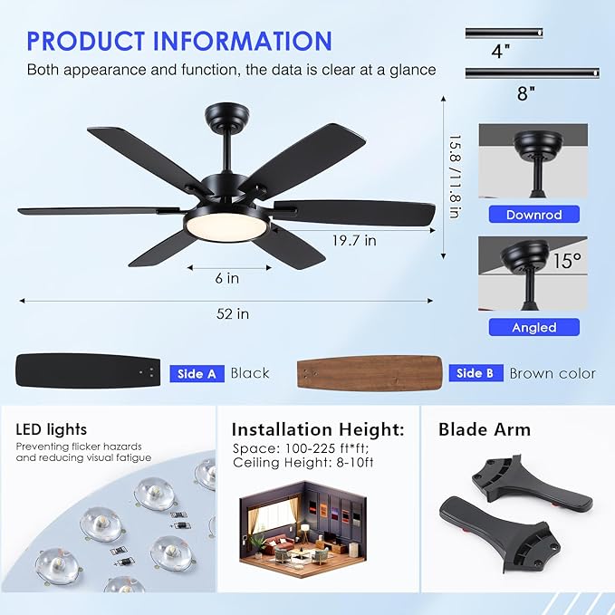 52“Ceiling Fan with Light,Black Ceiling Fans with Light and Remote for Bedroom with DC Motor,6-Blade,3CCT,Surper Bright Dimmable LED Ceiling Light with Fan for Livingroom Patio Use,Indoor/Outdoor