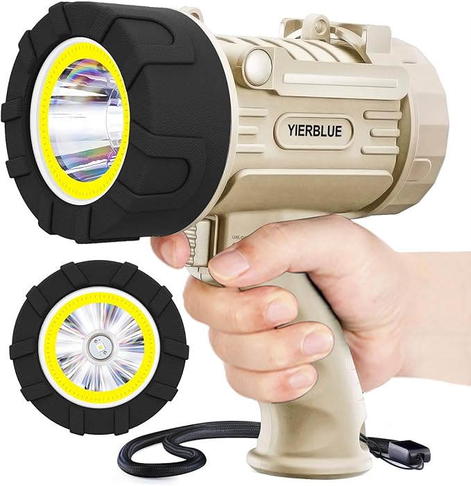 YIERBLUE Rechargeable Spotlight Floodlight Combo High High Lumen LED, IP67 Waterproof Spot Light COB Flood Light, Impact Resistant Handheld Spotlight with Foldable Stand and Detachable Red Lens