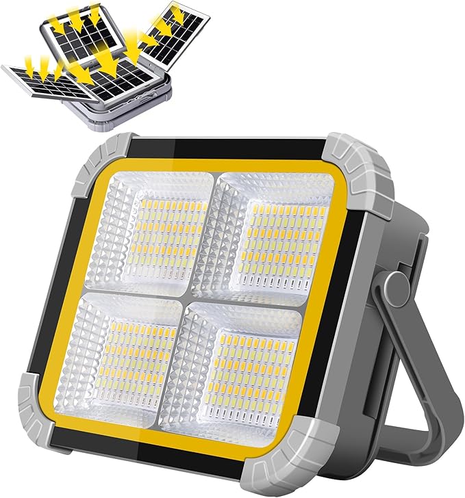 ERAY LED Work Light with 4 Solar Panel, 150W 12000mAH Rechargeable Worklight with 336 LED Beads/4 Modes/IP64/Stepless Dimming, Portable Job Site Light for Emergency Workshop（Grey