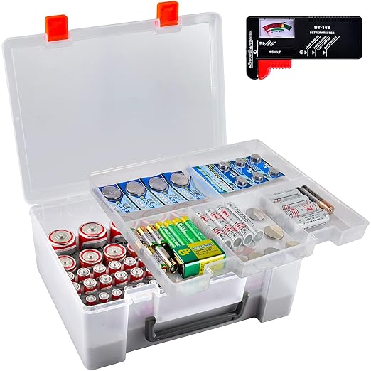 Battery Organizer Holder with Batteries Tester Checker, 120+ Storage Containers Box Case Fits for AA AAA 9V C D Lithium 3V LR44 CR2016 CR1632 CR2032 CR2025 (Batteries Not Includes) -Transparent