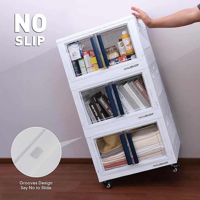 HAUSHOF Closet Organizers and Storage Bin, 3 Pack 22 Gal (88Qt) Plastic Stackable Storage Bins with Lids and Caster Wheel, Large Collapsible Folding Box, Blue and White