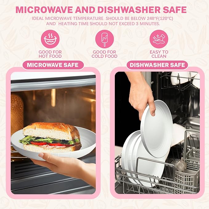 Homienly Wheat Straw Plates Set of 8, 9 inch Unbreakable Microwave and Dishwasher Safe Plates, Lightweight Round Dinner Plates with Unique Texture, Plate for Kitchen, Camping, Picnic - White