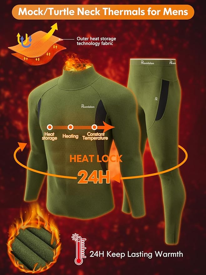 romision Thermal Underwear for Men Long Johns Fleece Lined Hunting Gear Bottom Top Set Base Layer for Cold Weather Gift