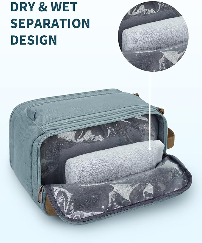 WANDF Toiletry Bag for Men Travel Toiletry Organizer Canvas and Leather Dopp Kit Water-Resistant Shaving Bag for Travel Accessories (Pale Blue, Large)