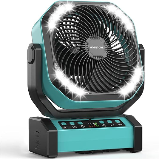 MORECORE 20000mAh Rechargeable Camping Fan with Light, 112HRS Running, 8-Speed, Auto Oscillating, Timer, LED Digital Display, 270°Pivot with Hook for Tent RV Emergency Garage-Blue
