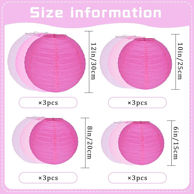 12Pcs Round Paper Lanterns Assorted Sizes (6" 8" 10" 12") for Home Decor, Restaurant, Church, Wedding, Birthday Party Decorations, Hanging Chinese Japanese Paper Lantern Lamps (Pink Series)