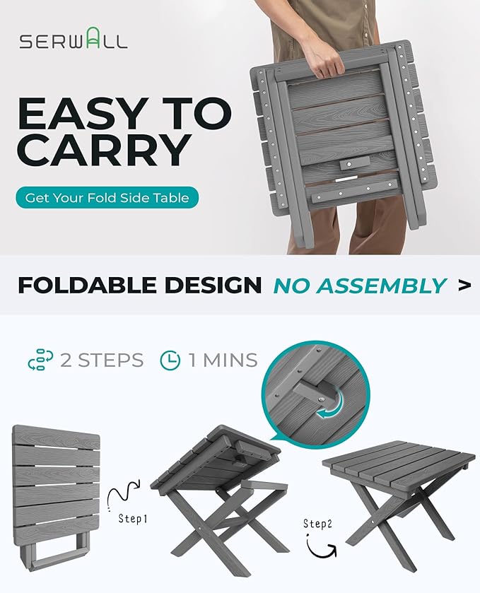 SERWALL Small Folding Side Table, HDPE Outdoor End Table for Patio, Porch, Deck, Pool, Gray