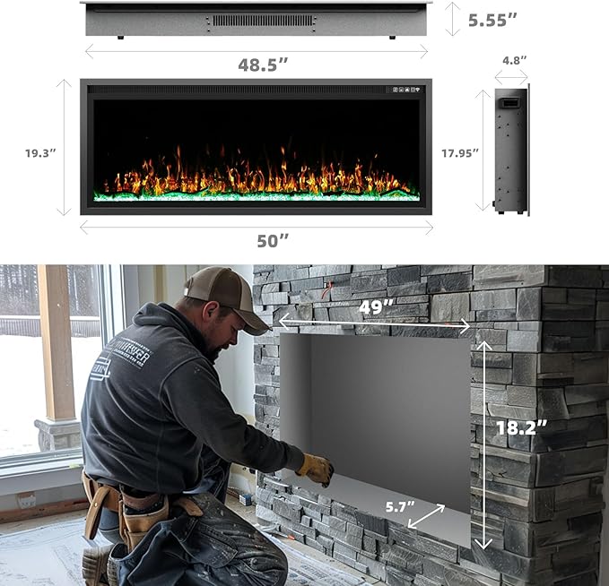 BREEZEHEAT 50 Inch Electric Fireplace-Recessed & Wall Mounted Linear Fireplace-750/1500W Heater w/Temperature Control, Log & Crystal Options, Adjustable Flame, Remote Control