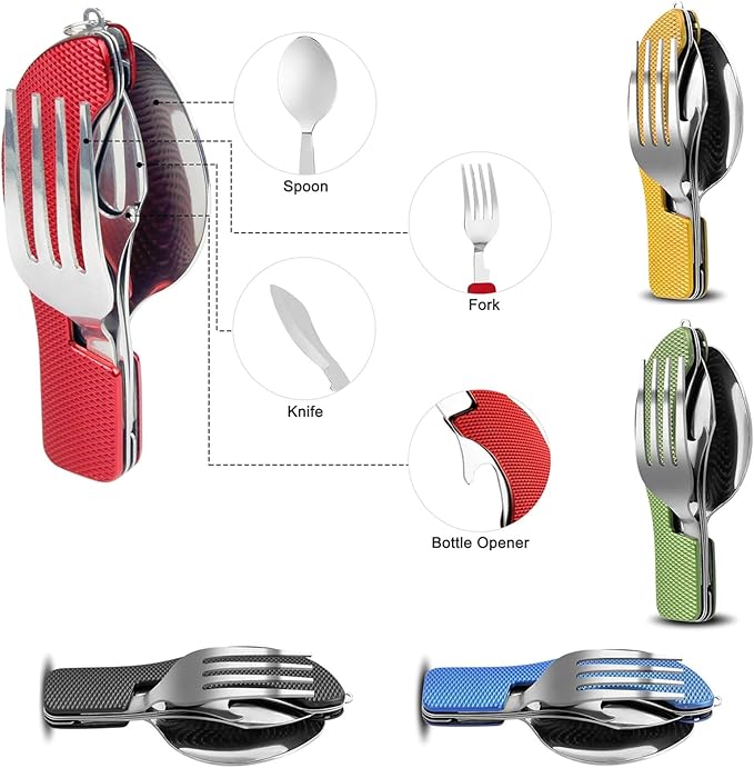 4-in-1 Portable Foldable Utensil Set Compact Knife Fork Spoon Bottle Opener Kit Stainless Steel Utensils for Camping Hiking Travel (Red + Blue)