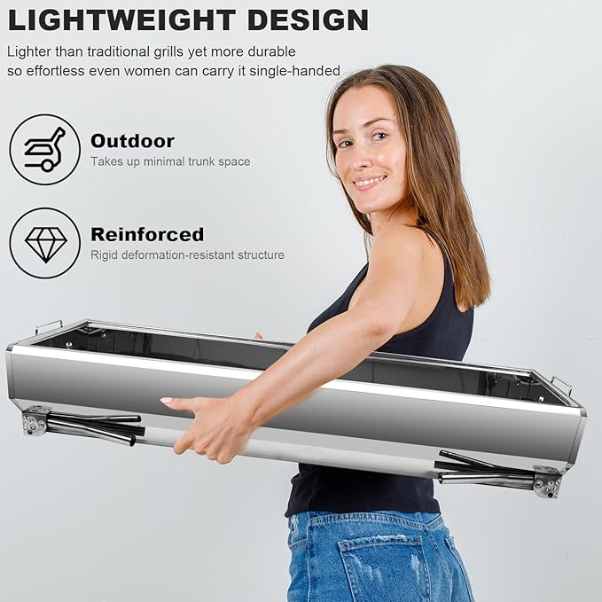 Portable Charcoal Grill, Foldable Stainless Steel Grill with Storage Shelf and non-slip feet - ideal for outdoor Kabob cooking, picnics and camping (lager)