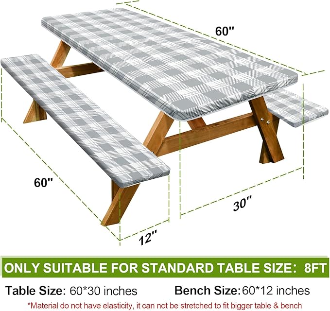 Picnic Table Cover with Bench Covers Camping Essentials Waterproof Windproof Camping Tablecloth with Drawstring Bag, Fitted Rectangle Tables and Seats, 60in, Grey Checkered