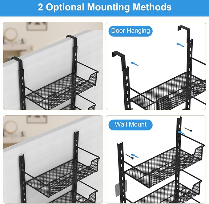 12.3" W Narrow Over the Door Pantry Organizer, 6-Tier Over the Door Organizer with Adjustable Basket, Pantry Door Organization for Pantry Kitchen Storage Room Spice Rack, Black