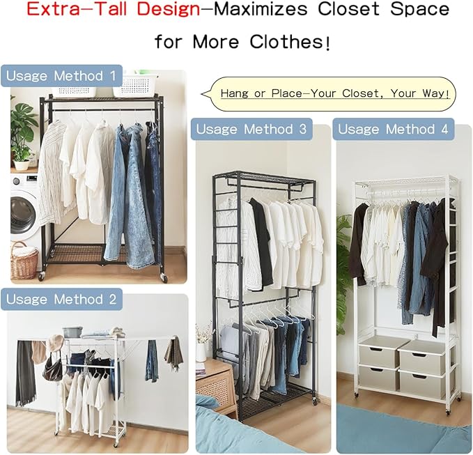 lumizone Folding Clothing Rack with Wheels Expandable Wardrobe Portable Clothes Rack for Hanging Clothes Adjustable Closet Shelves Garment Rack Durable Closet Racks for Hanging Clothes (Pro White)