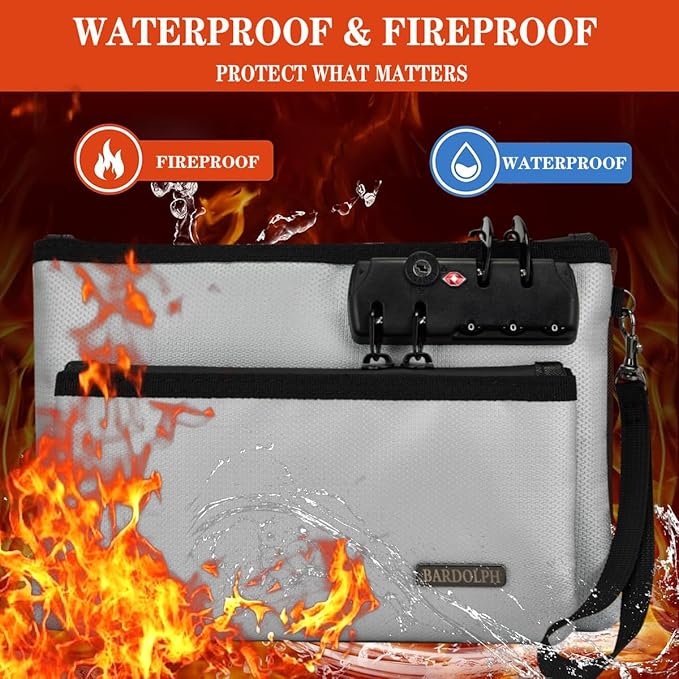 Fireproof Money Bag with Lock, Double layer Cash Bag BankBag for Cash, Valuable StorageBag,Fireproof Safe Box Money Pouch with Zipper (silvery, Small)