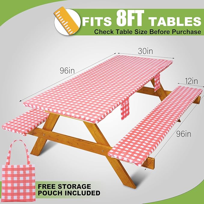 Fitted Picnic Table Cover with Bench Covers Waterproof Elastic Edges Rectangle Patio Tablecloth Outdoor Camping Essentials Stuff Rv Accessories Summer Trip Travel Supplies Party Camper Gifts, 8 ft