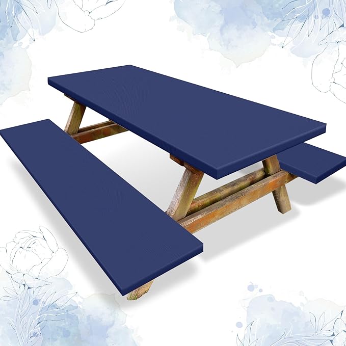 Irenare 3 Pcs Picnic Table and Bench Fitted Tablecloth Cover for 6 Ft Table 30 x 72 Inch Vinyl Fitted Elastic Edges Waterproof Wipeable Tablecloth for Indoor Outdoor Picnics Patio Camping (Navy Blue)