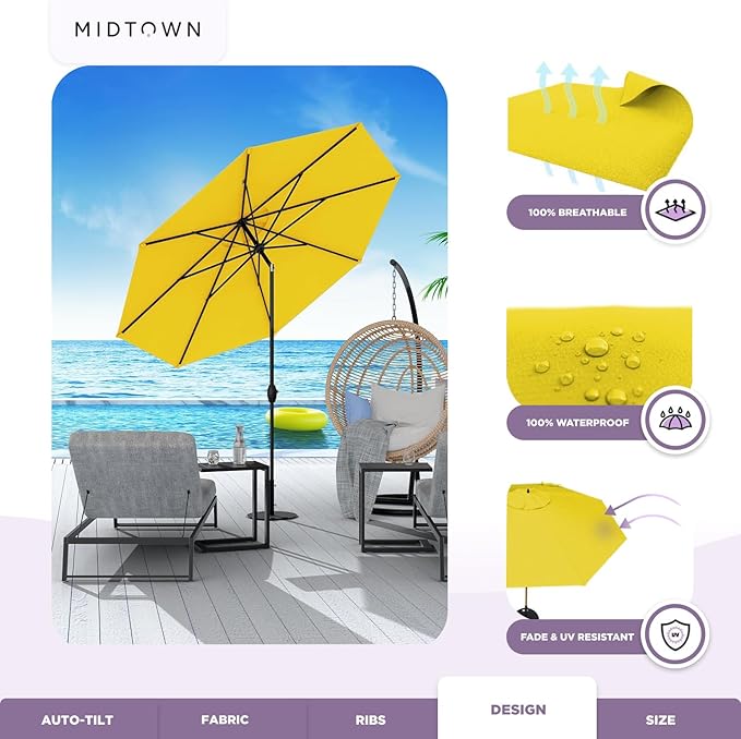 Midtown Umbrellas 10-Year-No-Fade - 9 Ft - UV Proof Yellow Polyester Fabric - Umbrella Outdoor Patio, Auto-Tilt Aluminum Frame Patio Umbrella for Garden, Pool & Deck - Black Pole