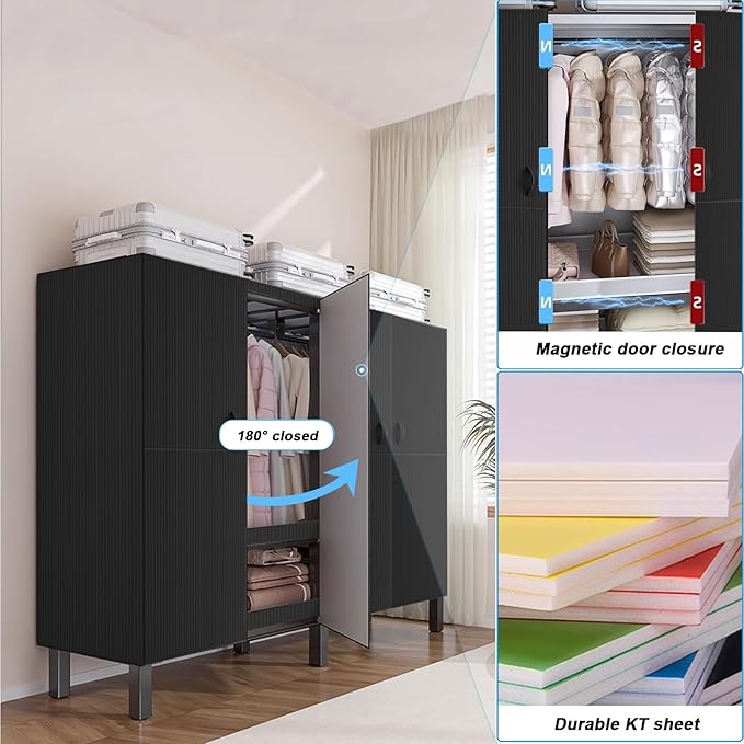 FPIGSHS Heavy Duty Clothes Rack with Magnetic door 2000LBS Foldable Portable Wardrobe Closet for Hanging Clothing Rolling Garment Rack on Wheels for Bedroom closet system (A（black door）, 71in)