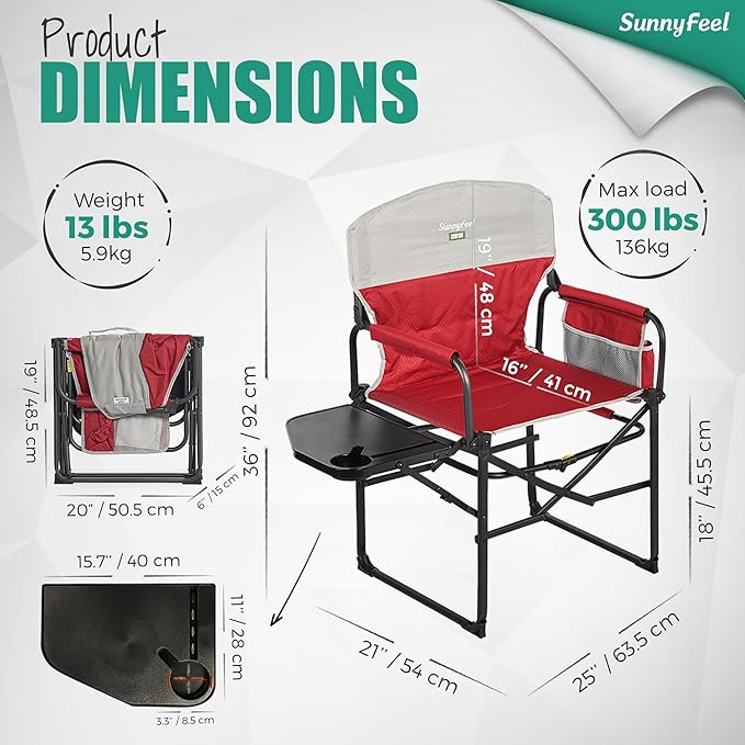 SUNNYFEEL Oversized Camping Directors Chair 2 Pack, Portable Folding Lawn Chairs for Adults Heavy Duty with Side Table,Pocket for Beach, Fishing,Picnic,Concert Outdoor, Foldable Camp Chairs