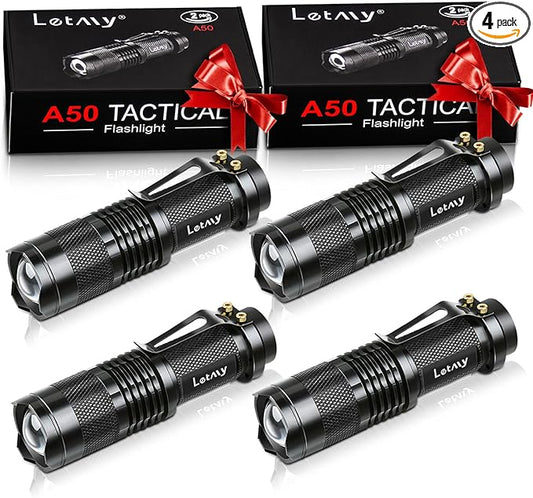 LETMY Tactical Flashlight, Super Bright LED Mini Flashlights with Belt Clip, Zoomable, 3 Modes, Waterproof - Best EDC Flashlight for Gift, Hiking, Camping, Hurricane & Power Outage (4 Pack)