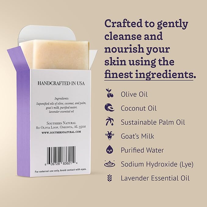 Southern Natural Goat Milk Soap Bar (Lavender 3 Pack) For Dry Sensitive Skin. Natural, Handmade Soap For Men, Women, Kids & Baby. Use On Face & Body