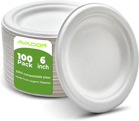 AVADOR® Compostable Tableware 100% Eco-Friendly & Biodegradable Dinnerware Eco-Conscious, Disposable, and 100% Biodegradable (6 inch Round Plates Pack of 100)