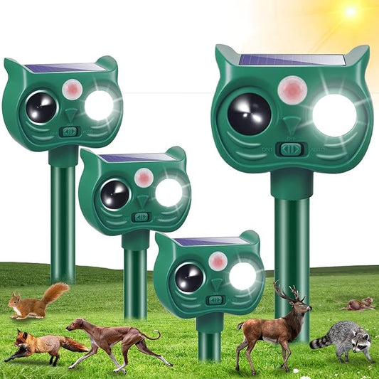 4Pack Solar Ultrasonic Animal Repellent, Cat Repeller Outdoor, Waterproof Deer Deterrent Devices with Motion Sensor to Scare Squirrel Rabbit Raccoon Skunk with White&Red LED Flash Lights for Yard