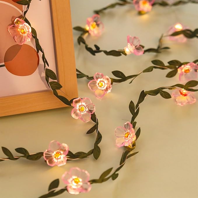 Decorative Fairy Vine Flower String Lights With Leaf, USB Plug In 16.5ft 50 LED Pink Cherry Blossom Garland Spring Decorations for Bedroom Wall Wedding Birthday Christmas Hanging Decor (Warm White)