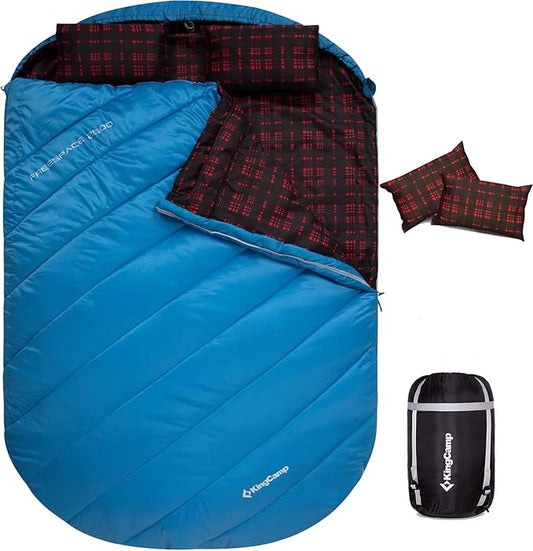 KingCamp Double Sleeping Bag for Adults, Queen Size 2 Person XXL Flannel Sleeping Bag, Waterproof Lightweight Flannel Quilt with 2 Pillows, Perfect for Couples Family Camping Hiking