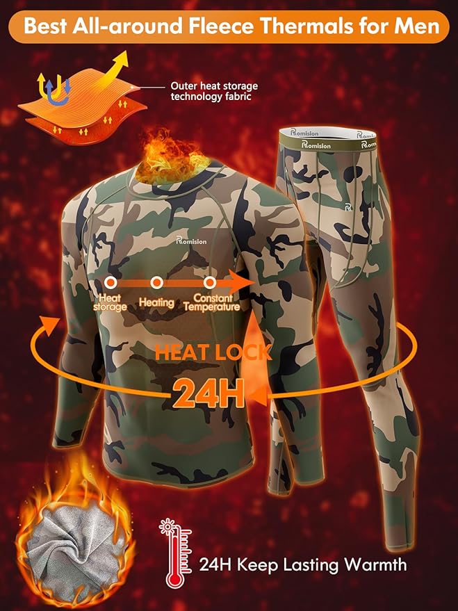 romision Thermal Underwear for Men Long Johns Fleece Lined Hunting Gear Bottom Top Set Base Layer for Cold Weather Gift