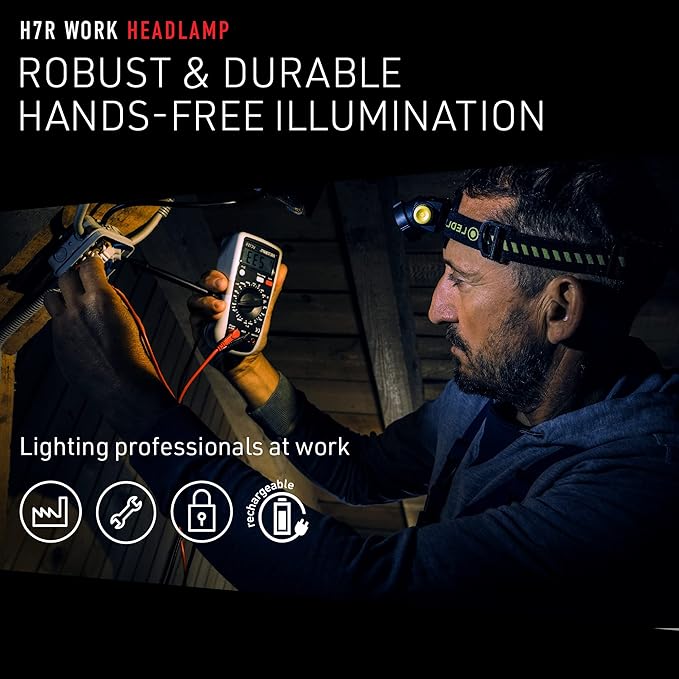 Ledlenser, H7R Work Rechargeable Headlamp, High Power LED,1000 Lumens, Advanced Focus System, Constant Light Output, Bright, Dimmable, Magnetic Charge System, Dustproof, Waterproof, Rubber Covers