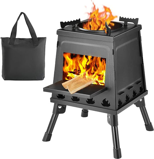 Wood Burning Stove, Camping Wood Stove, Small Portable Cast Iron Wood Stove: Compact Outdoor Cooking Solution with Carrying Bag (Lager)